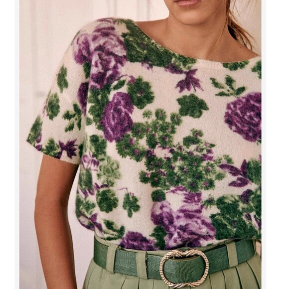 NWT Sezane Adriana Cardigan Violet Flowers French Knit Sweater Causal Mohair - Picture 3 of 9